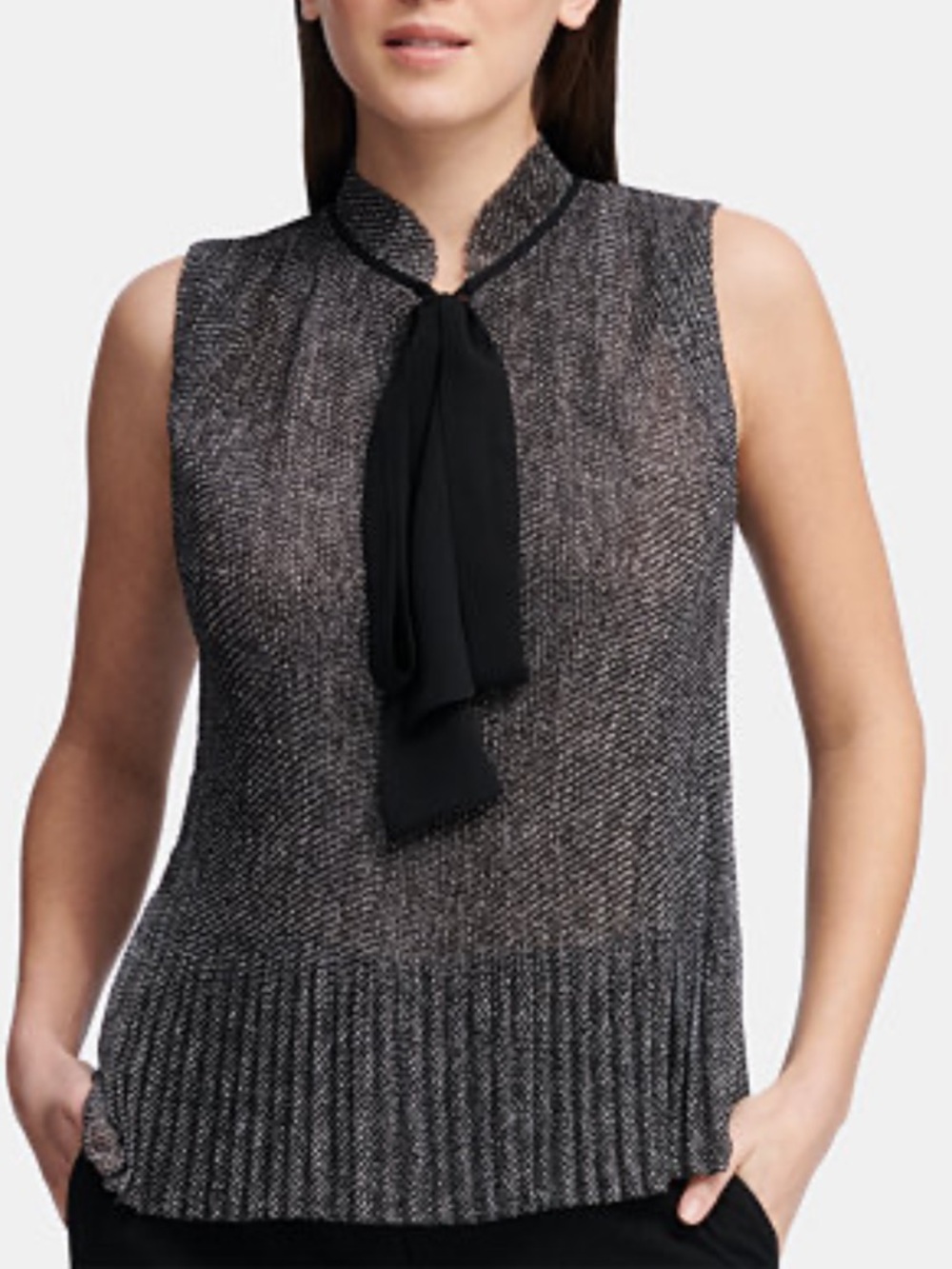 DKNY NWT Black White Essentials Tie Neck Pleated Peplum Blouse Petite XS